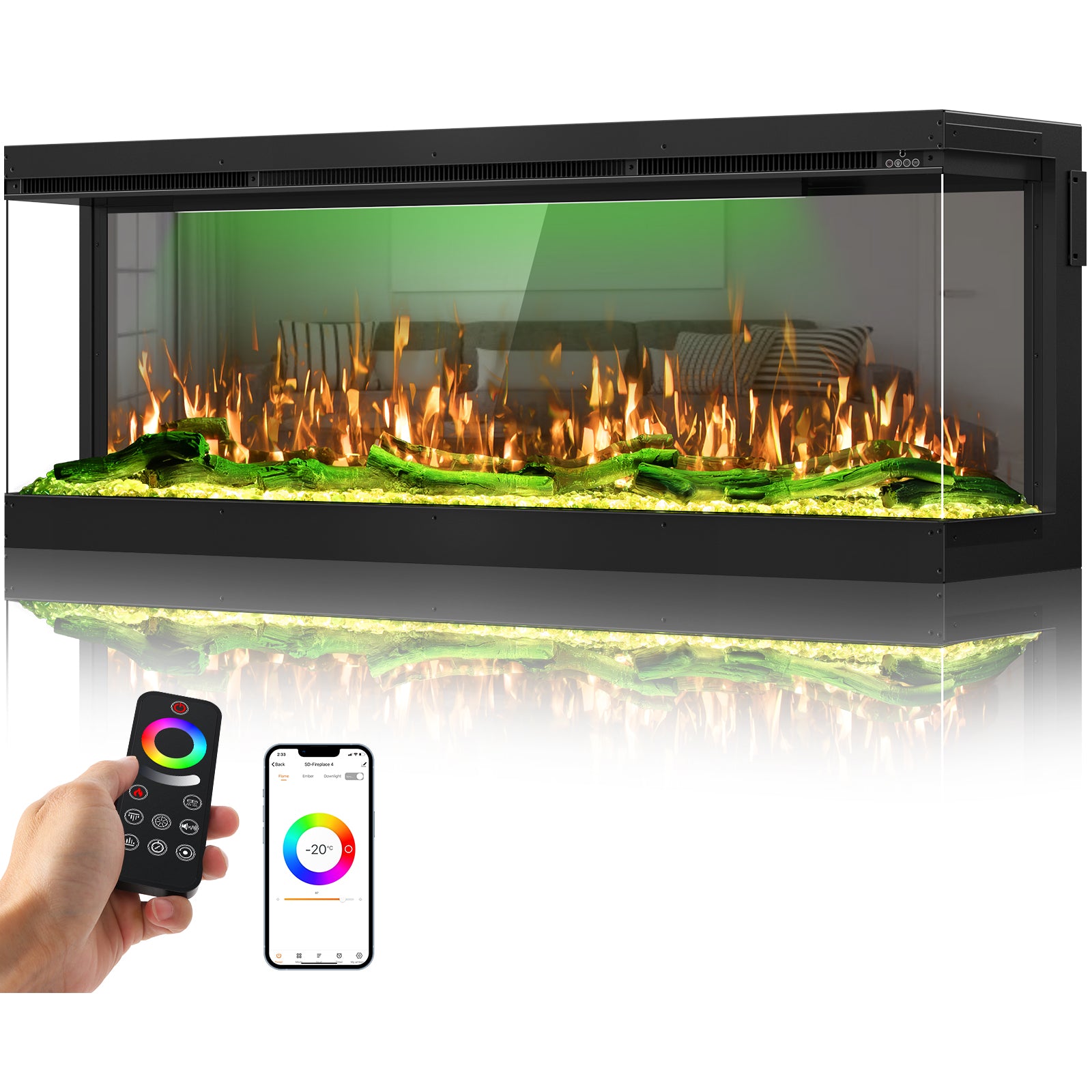 3 Sided Mirrored Electric Fireplace, 50" Smart Wall Recessed Fireplace Insert Linear Fire Places Heater with APP & Remote Control, 1500/750W, Timer, 251RGB Color Combinations, Crystal & Log