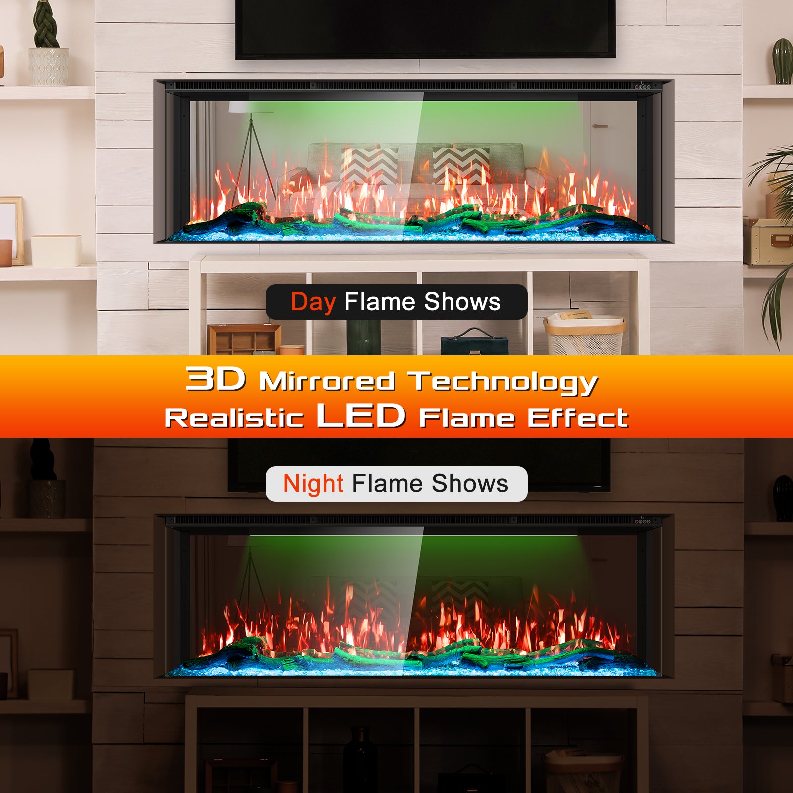 3 Sided Mirrored Electric Fireplace, 50" Smart Wall Recessed Fireplace Insert Linear Fire Places Heater with APP & Remote Control, 1500/750W, Timer, 251RGB Color Combinations, Crystal & Log