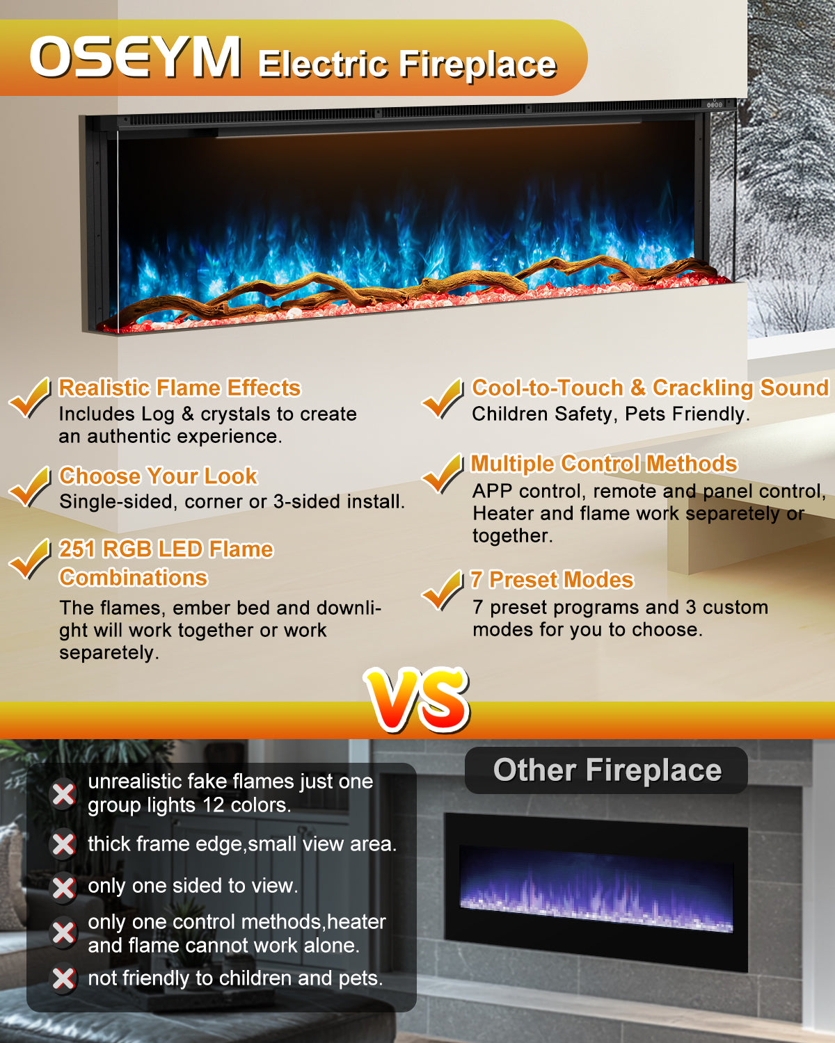 3 Sided Electric Fireplace Inserts, 60" Smart in Wall Recessed Fireplace Heater 1500/750W with APP & Remote Control, 251RGB LED Flame Colors, Timer, Log Set & Crystal