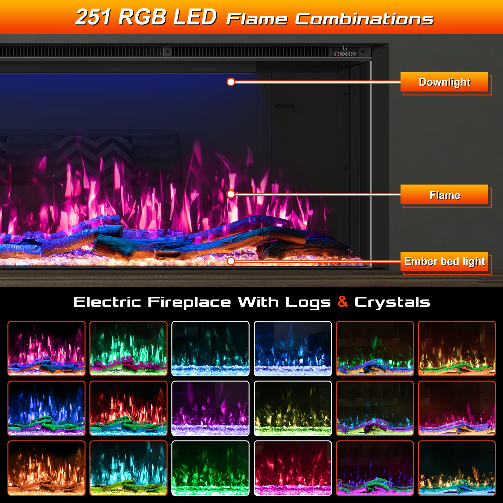 3 Sided Mirrored Electric Fireplace, 70" Smart Wall Recessed Fireplace Insert Linear Fire Places Heater with APP & Remote Control, 1500/750W, Timer, 251RGB Color Combinations, Crystal & Log