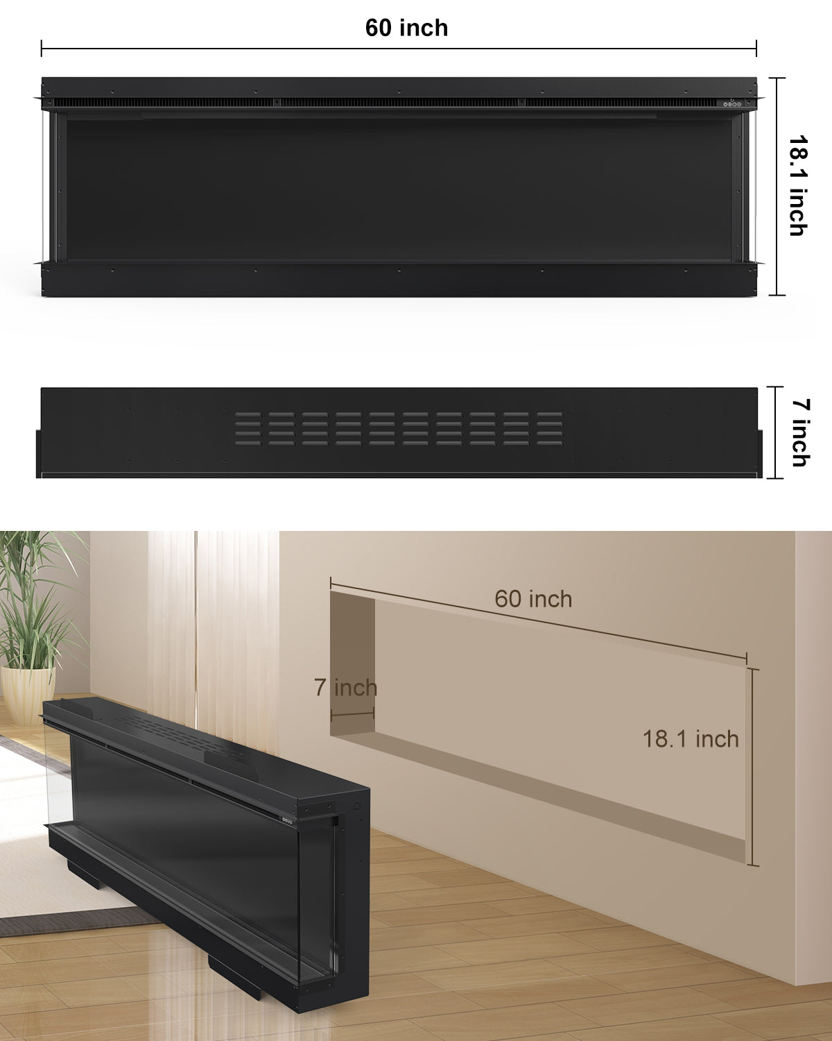 3 Sided Electric Fireplace Inserts, 60" Smart in Wall Recessed Fireplace Heater 1500/750W with APP & Remote Control, 251RGB LED Flame Colors, Timer, Log Set & Crystal