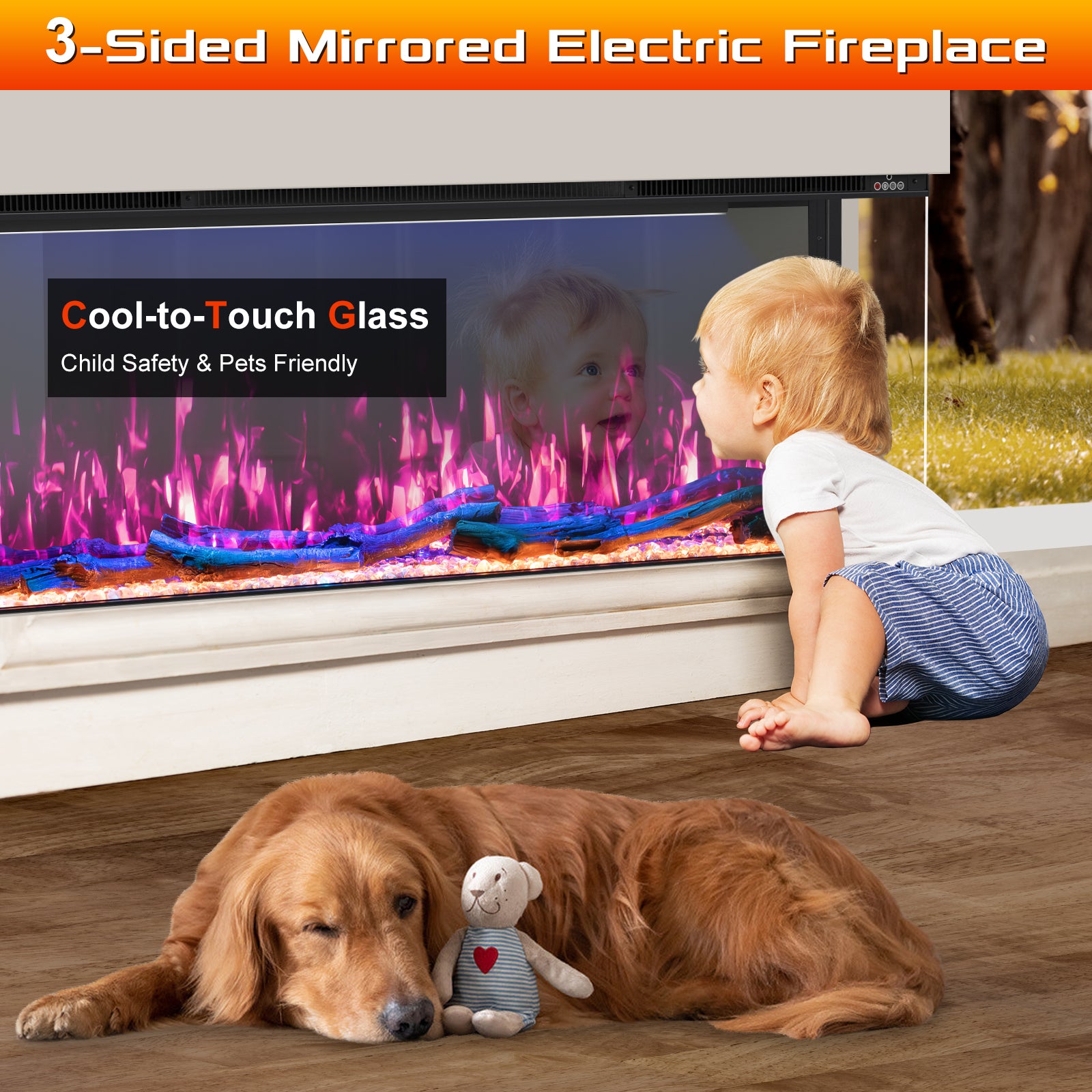 3 Sided Mirrored Electric Fireplace, 70" Smart Wall Recessed Fireplace Insert Linear Fire Places Heater with APP & Remote Control, 1500/750W, Timer, 251RGB Color Combinations, Crystal & Log