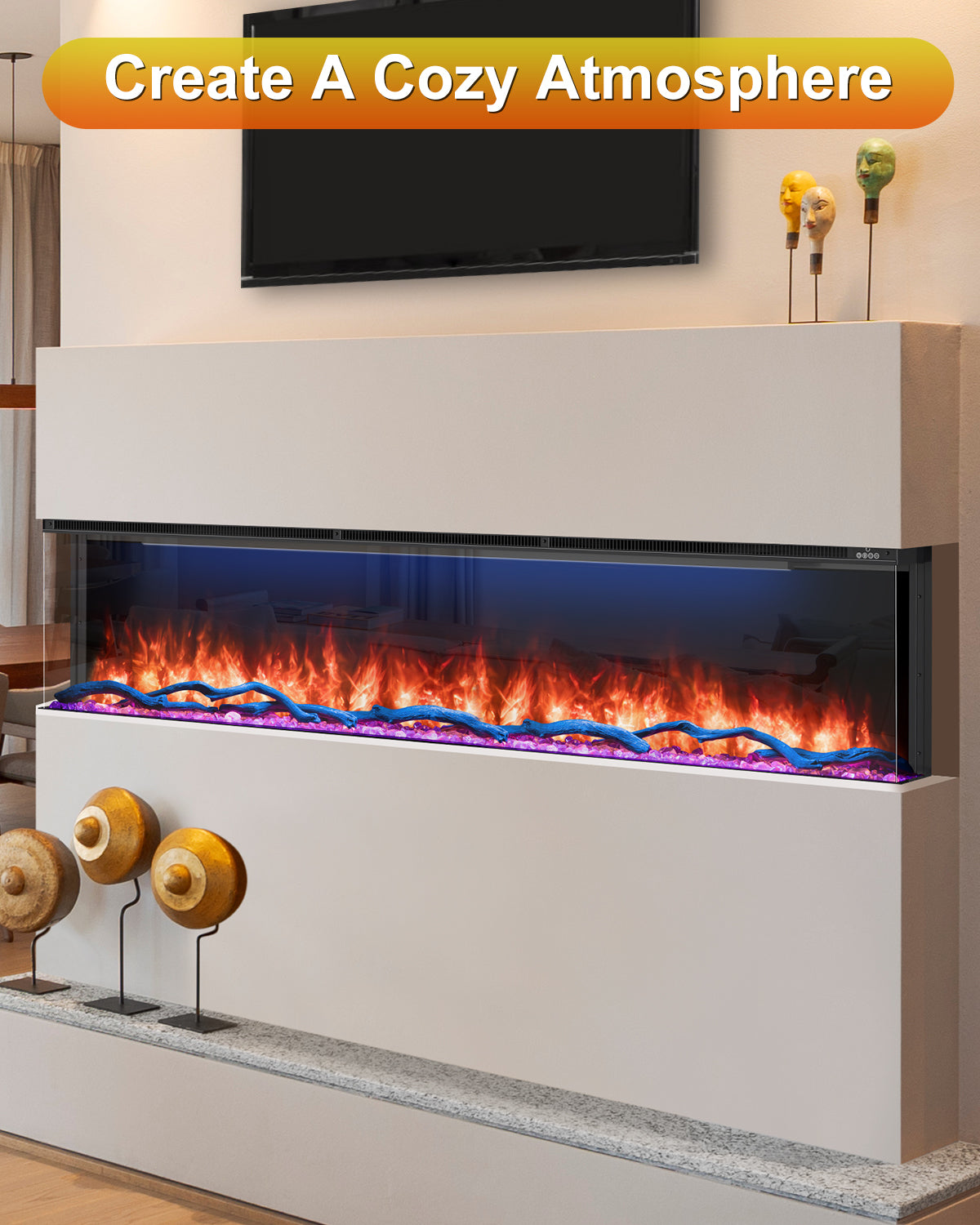 3 Sided Electric Fireplace Inserts, 60" Smart in Wall Recessed Fireplace Heater 1500/750W with APP & Remote Control, 251RGB LED Flame Colors, Timer, Log Set & Crystal