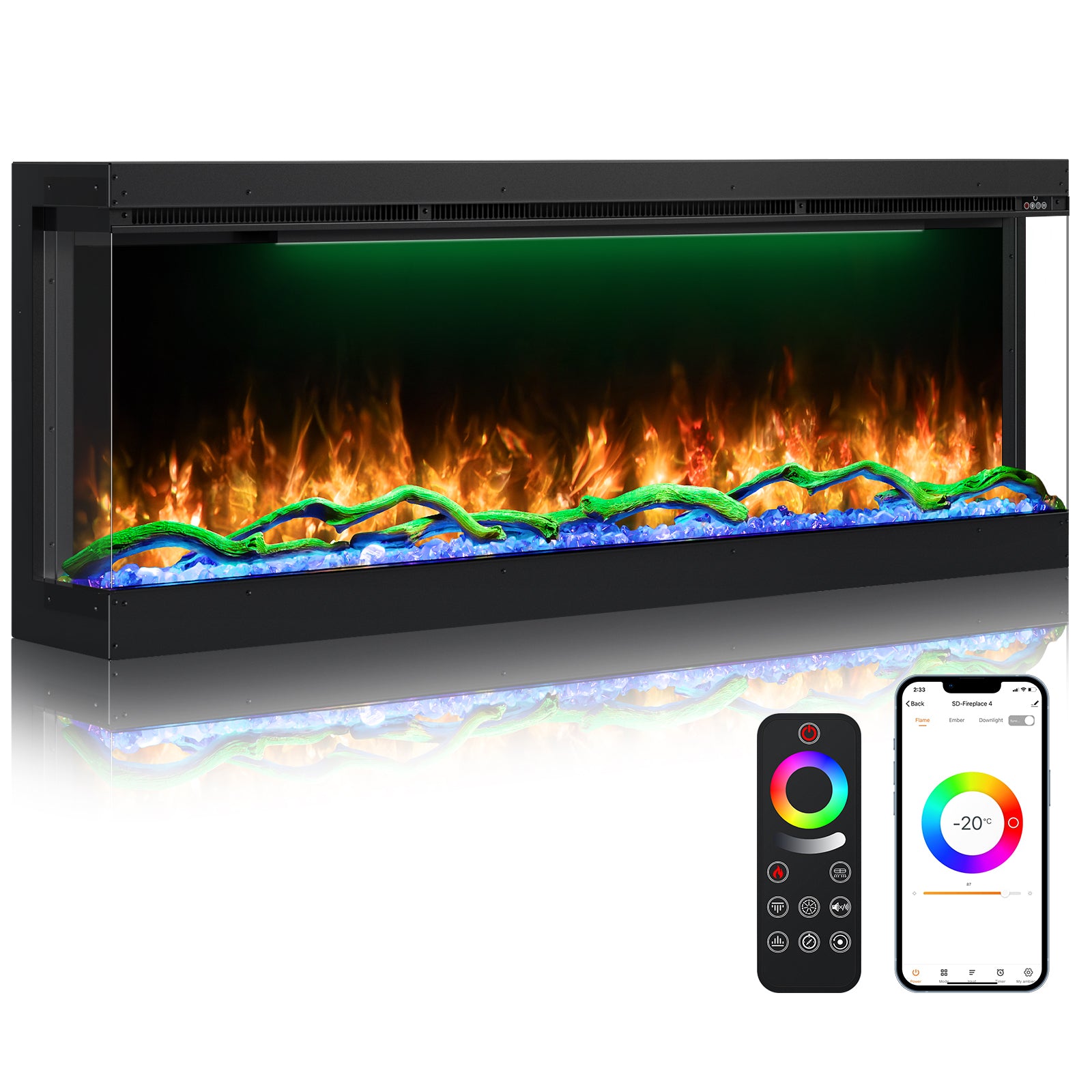 3 Sided Electric Fireplace Inserts, 50" Smart in Wall Recessed Fireplace Heater 1500/750W with APP & Remote Control, 251RGB LED Flame Colors, Timer, Log Set & Crystal