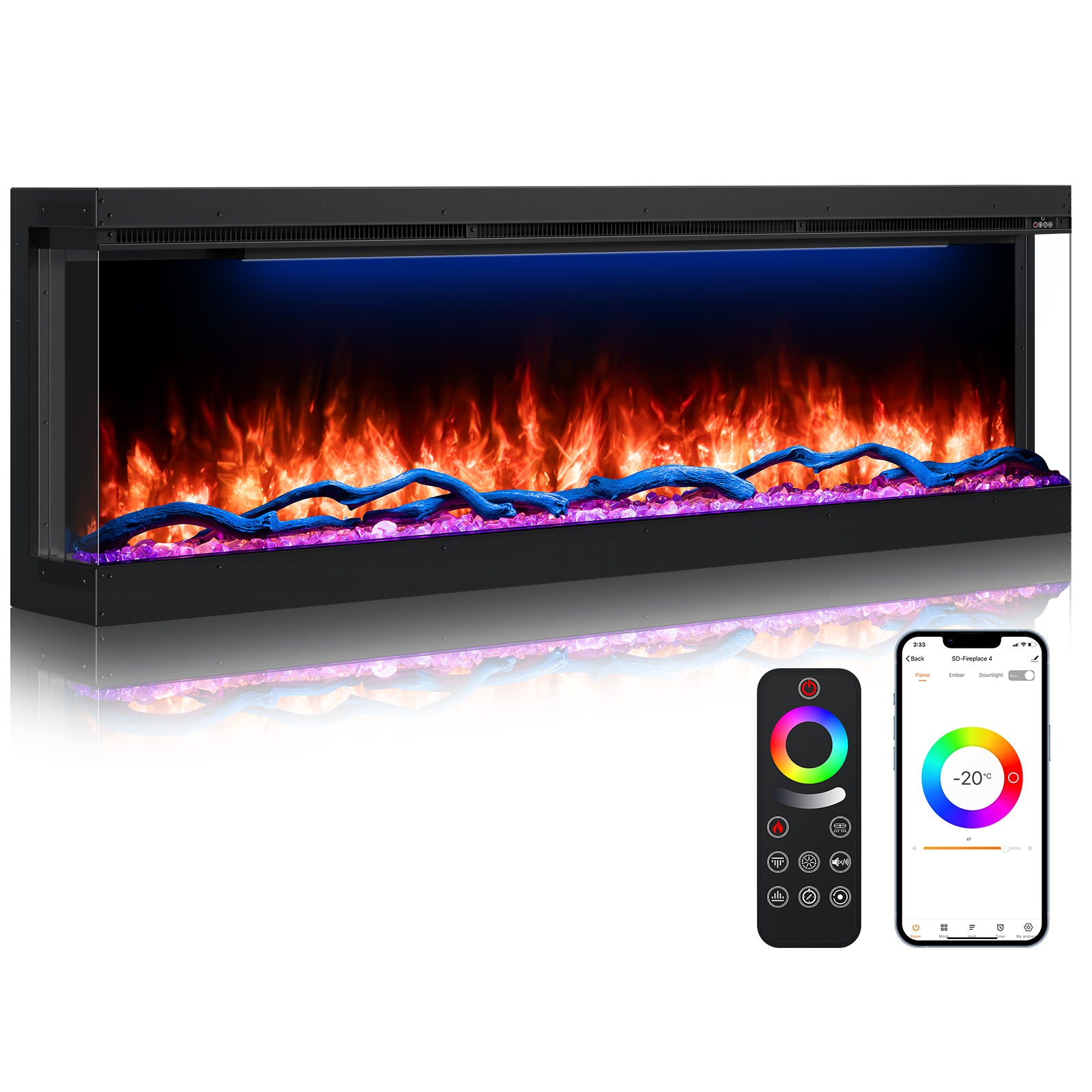 3 Sided Electric Fireplace Inserts, 60" Smart in Wall Recessed Fireplace Heater 1500/750W with APP & Remote Control, 251RGB LED Flame Colors, Timer, Log Set & Crystal