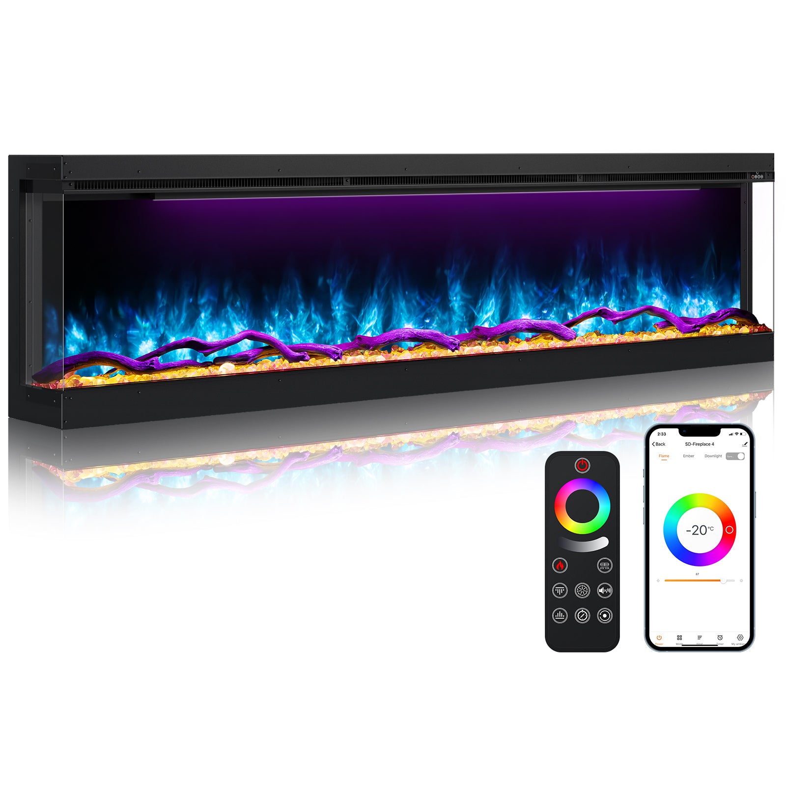 3 Sided Electric Fireplace Inserts, 70" Smart in Wall Recessed Fireplace Heater 1500/750W with APP & Remote Control, 251RGB LED Flame Colors, Timer, Log Set & Crystal