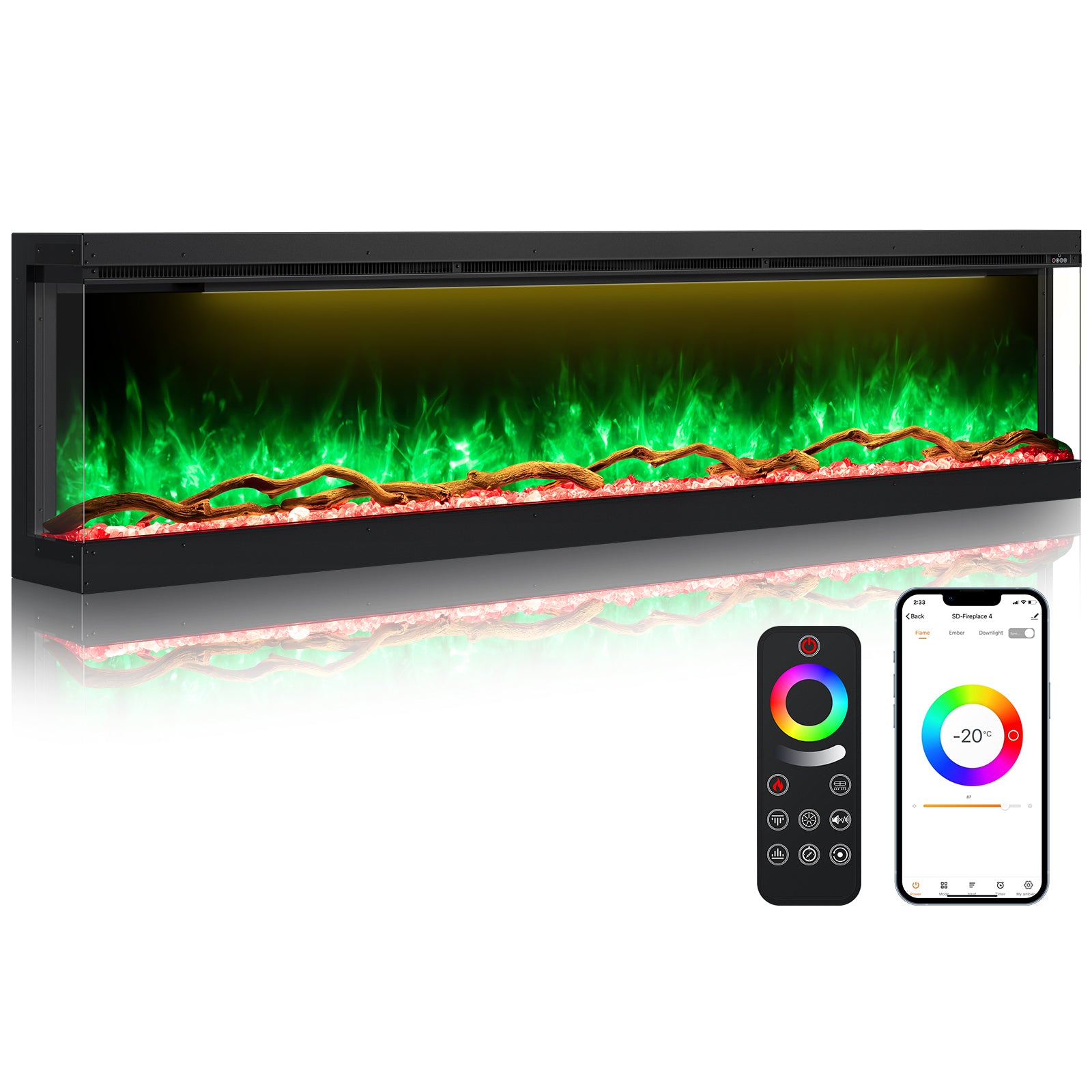 3 Sided Electric Fireplace Inserts, 80" Smart in Wall Recessed Fireplace Heater 1500/750W with APP & Remote Control, 251RGB LED Flame Colors, Timer, Log Set & Crystal