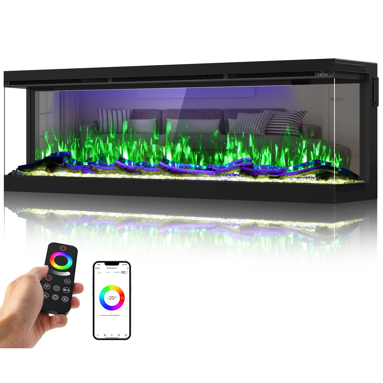 3 Sided Mirrored Electric Fireplace, 60" Smart Wall Recessed Fireplace Insert Linear Fire Places Heater with APP & Remote Control, 1500/750W, Timer, 251RGB Color Combinations, Crystal & Log