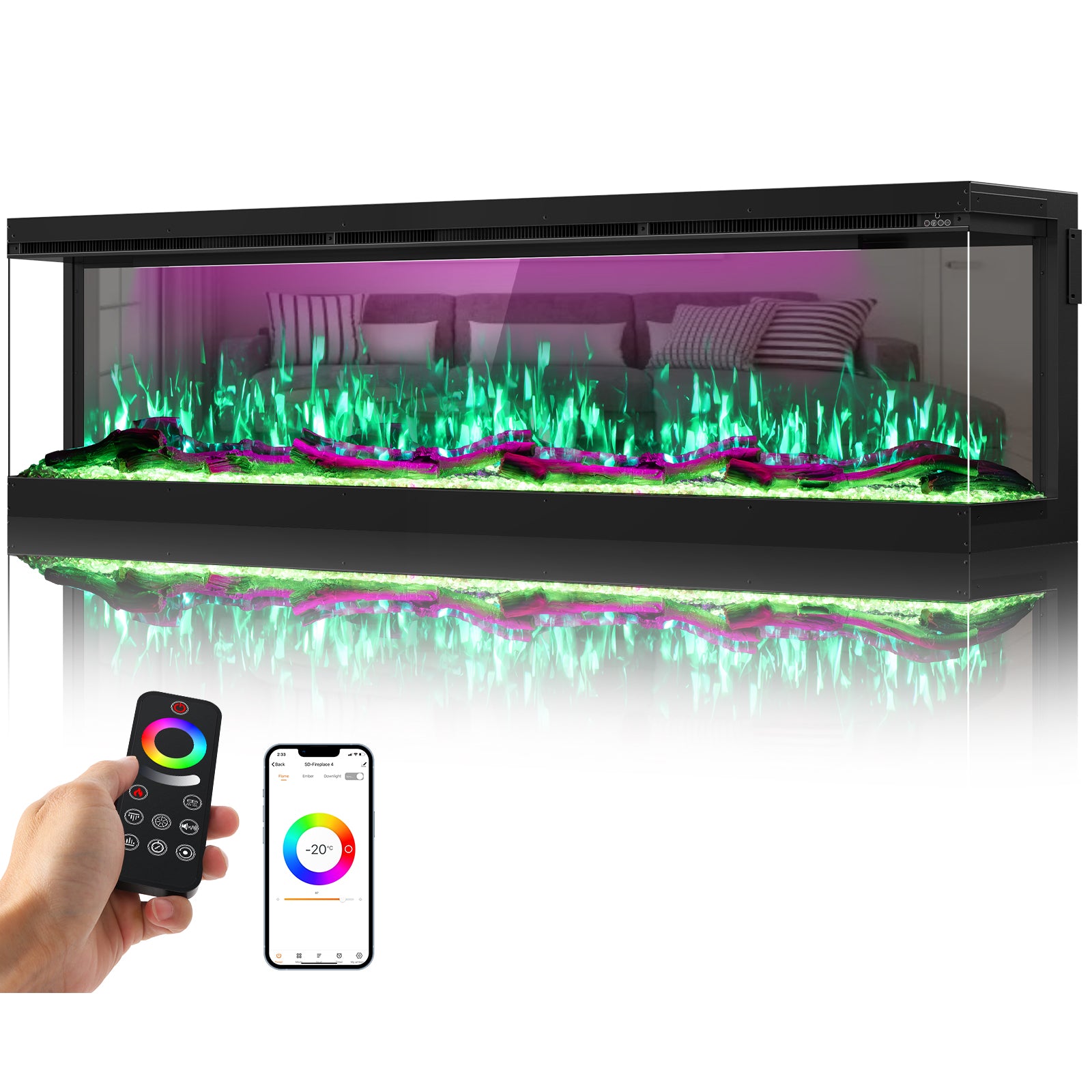 3 Sided Mirrored Electric Fireplace, 70" Smart Wall Recessed Fireplace Insert Linear Fire Places Heater with APP & Remote Control, 1500/750W, Timer, 251RGB Color Combinations, Crystal & Log