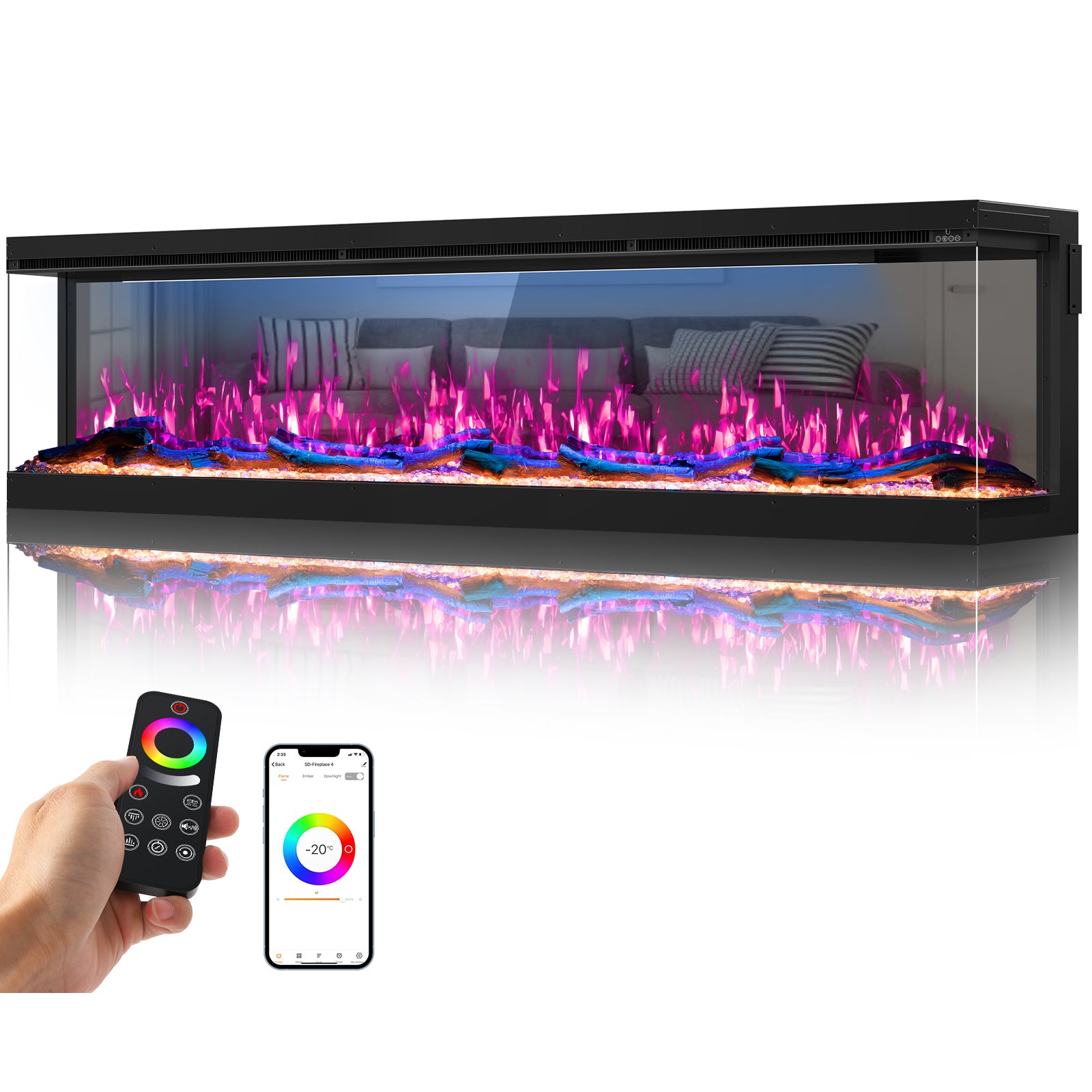 3 Sided Mirrored Electric Fireplace, 80" Smart Wall Recessed Fireplace Insert Linear Fire Places Heater with APP & Remote Control, 1500/750W, Timer, 251RGB Color Combinations, Crystal & Log