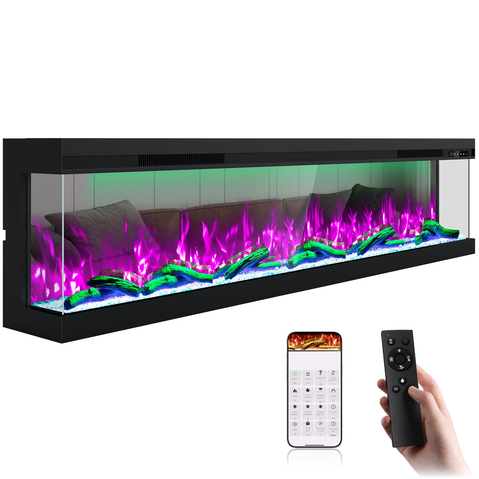 70" 3 Sided 3D Mirrored Electric Fireplace with Touchscreen, APP & Remote Control, Smart Built-in Linear Fire Places Insert 1500W Heater, Multi-Color Combinations,Cracking Sound, Timer