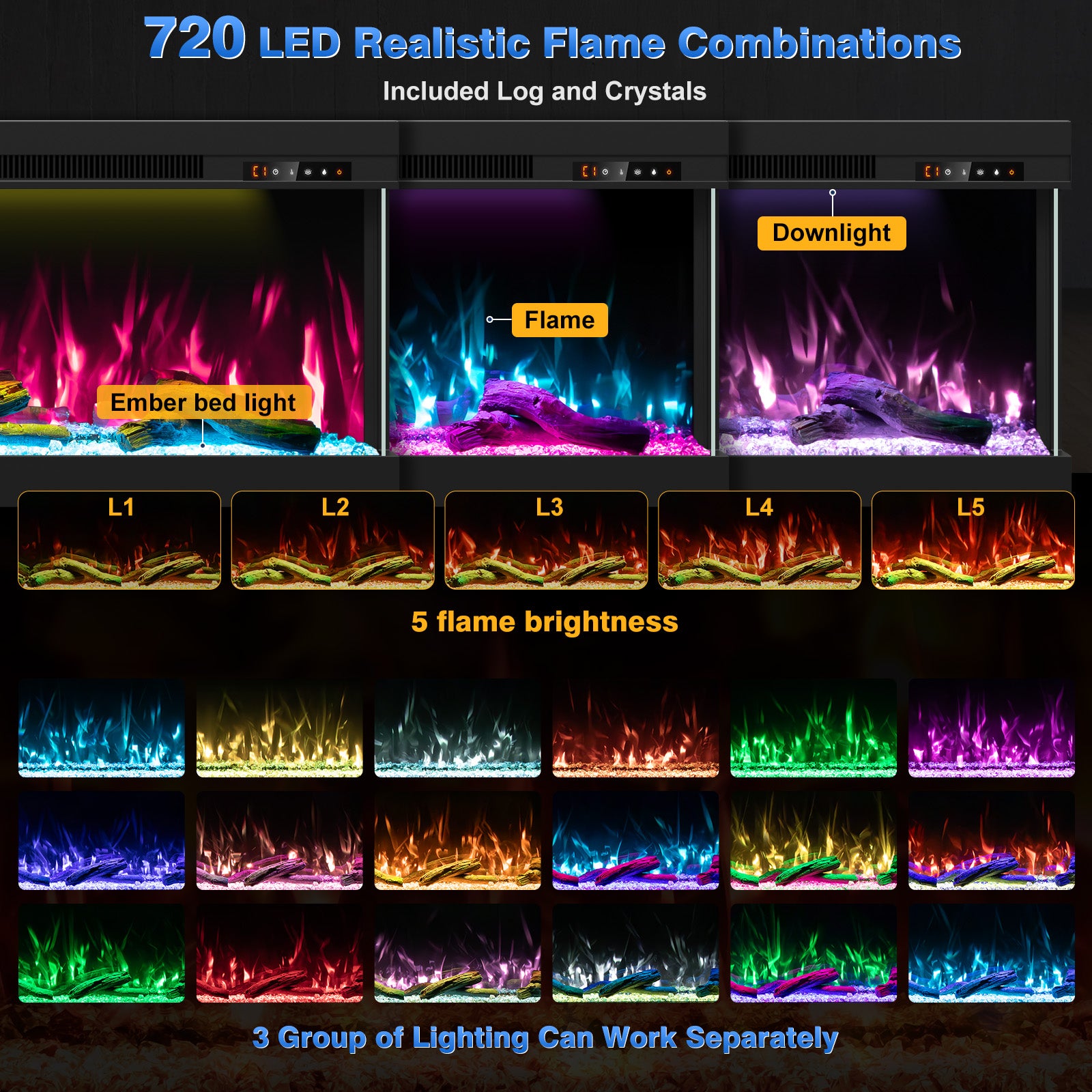 70" 3 Sided 3D Mirrored Electric Fireplace with Touchscreen, APP & Remote Control, Smart Built-in Linear Fire Places Insert 1500W Heater, Multi-Color Combinations,Cracking Sound, Timer