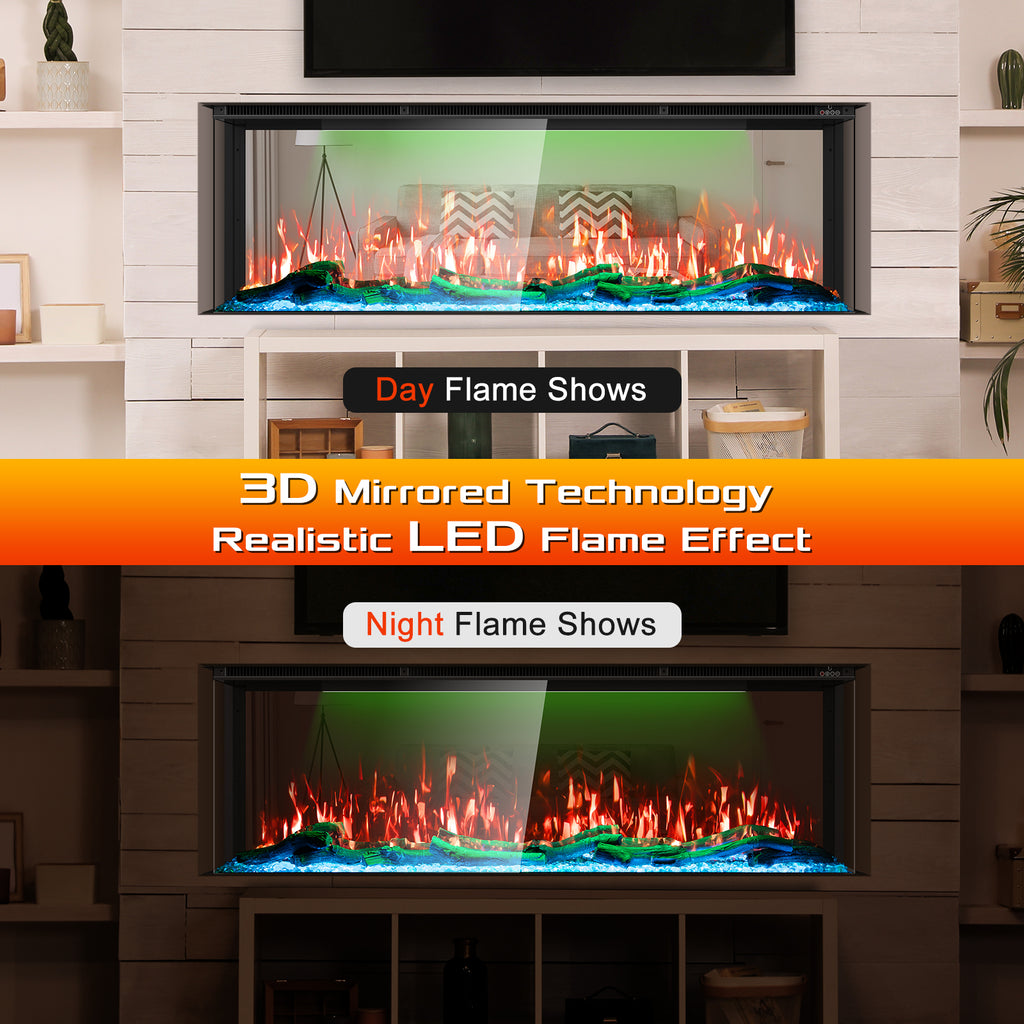 3 Sided Mirrored Electric Fireplace, 70" Smart Wall Recessed Fireplace Insert Linear Fire Places Heater with APP & Remote Control, 1500/750W, Timer, 251RGB Color Combinations, Crystal & Log