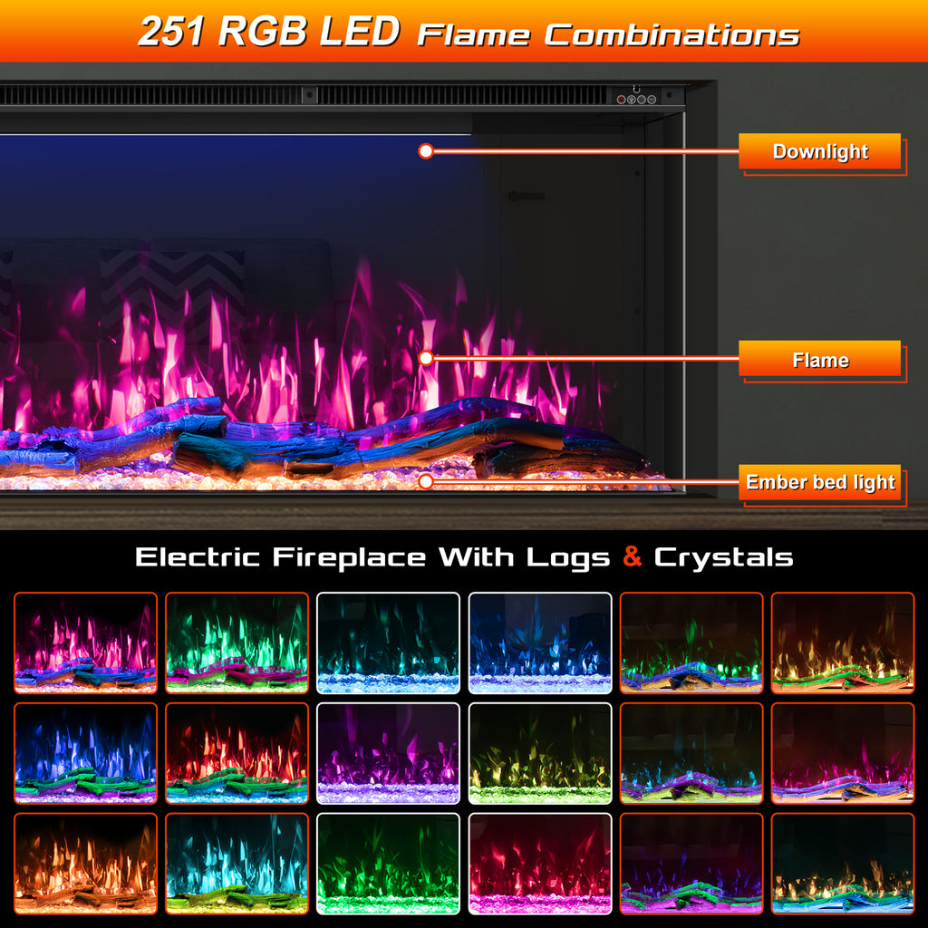 3 Sided Mirrored Electric Fireplace, 70" Smart Wall Recessed Fireplace Insert Linear Fire Places Heater with APP & Remote Control, 1500/750W, Timer, 251RGB Color Combinations, Crystal & Log