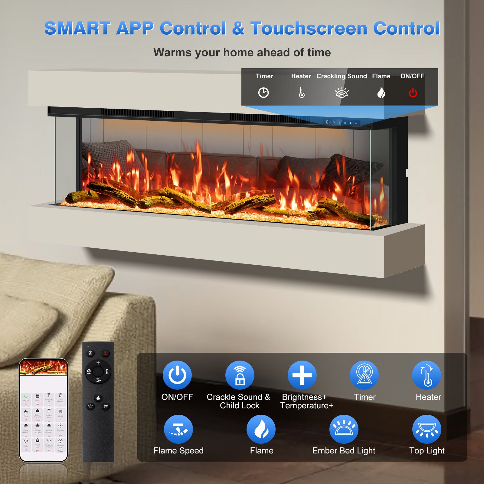 70" 3 Sided 3D Mirrored Electric Fireplace with Touchscreen, APP & Remote Control, Smart Built-in Linear Fire Places Insert 1500W Heater, Multi-Color Combinations,Cracking Sound, Timer