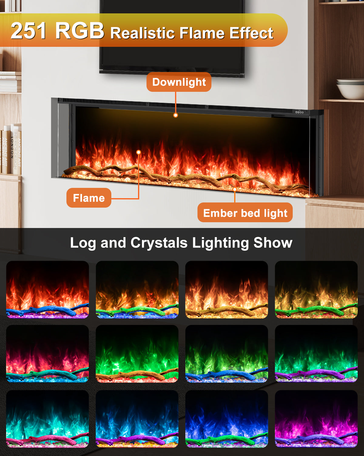 3 Sided Electric Fireplace Inserts, 80" Smart in Wall Recessed Fireplace Heater 1500/750W with APP & Remote Control, 251RGB LED Flame Colors, Timer, Log Set & Crystal