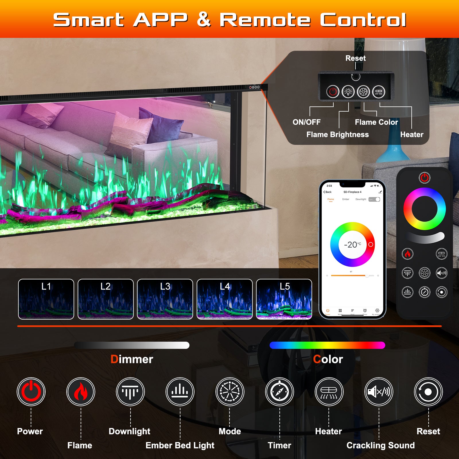 3 Sided Mirrored Electric Fireplace, 70" Smart Wall Recessed Fireplace Insert Linear Fire Places Heater with APP & Remote Control, 1500/750W, Timer, 251RGB Color Combinations, Crystal & Log