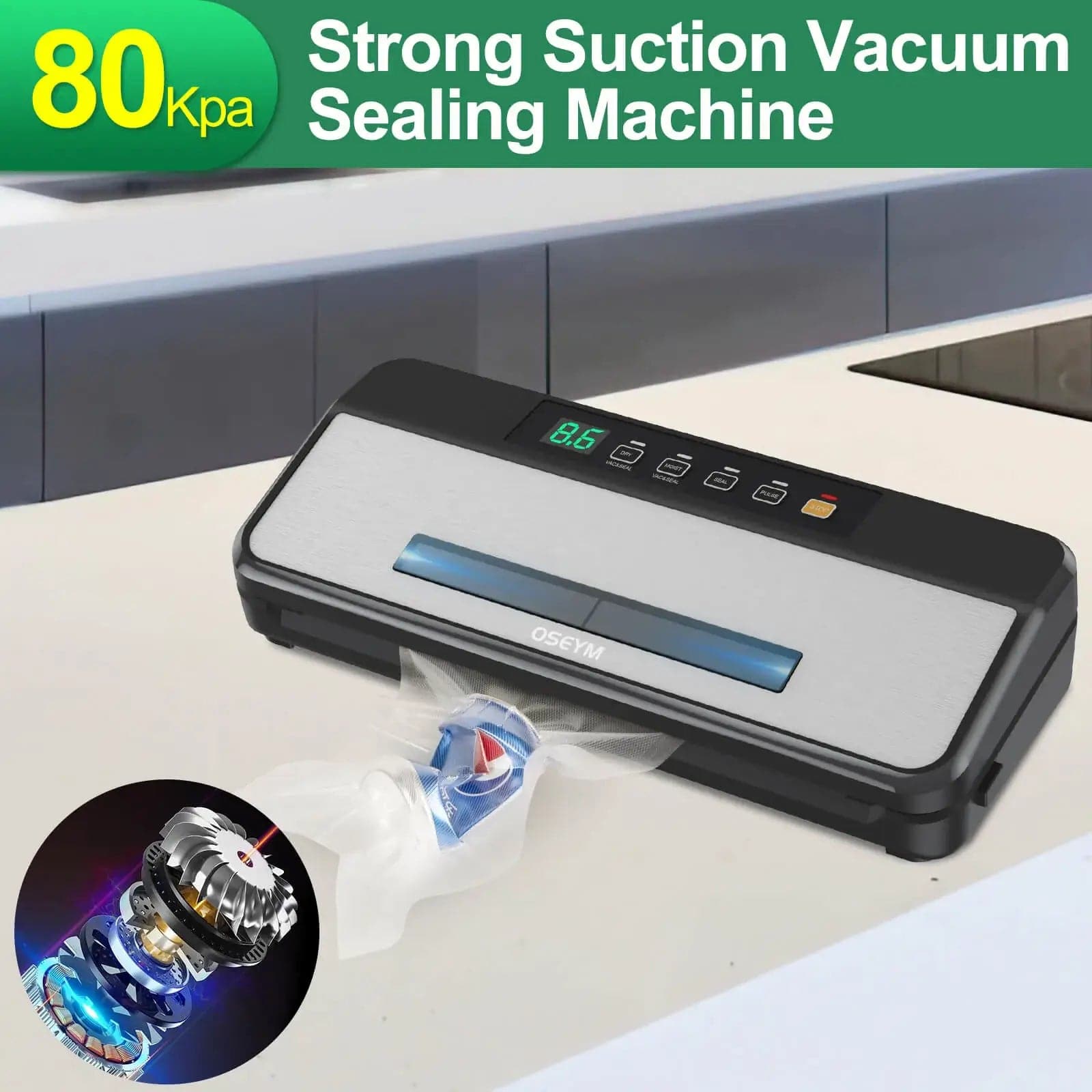 Vondior Vacuum Sealer Machine, 80Kpa Dry & Moist Food Vacuum Sealer Machine  with Built-in Cutter, Air Sealing System for Sous Vide and Mason Jar,  Includes 20 BPA Free Vacuum Sealer Bags 