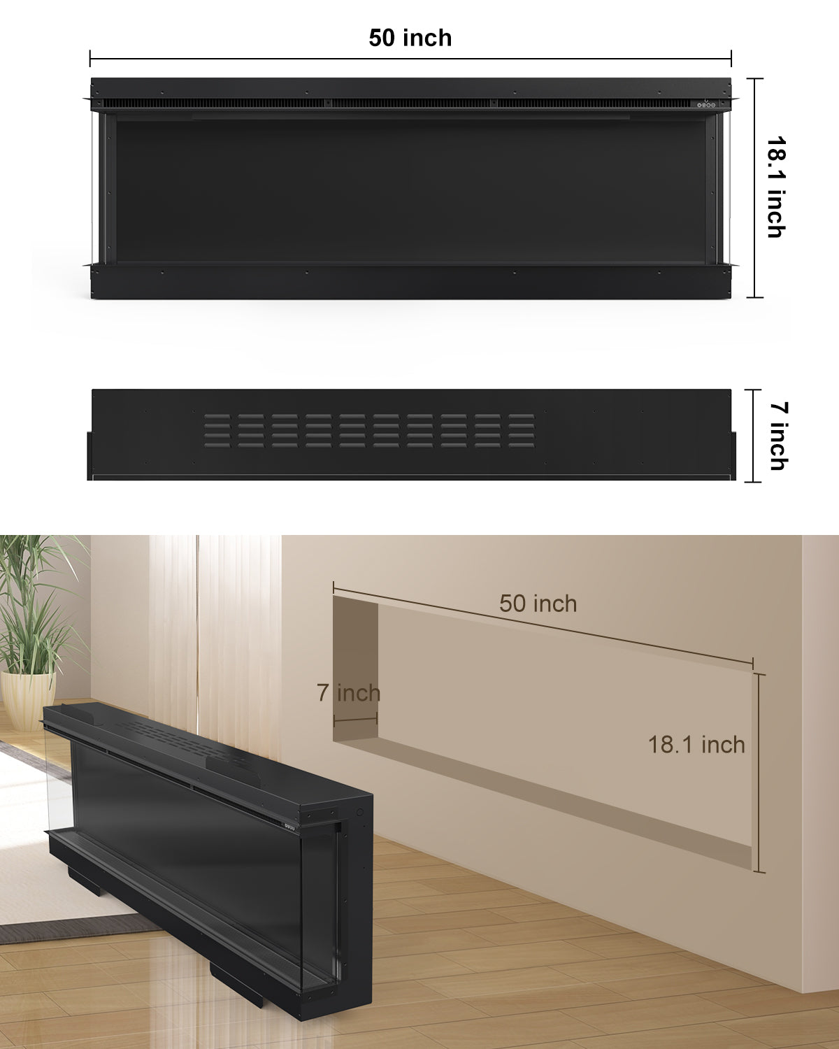 3 Sided Electric Fireplace Inserts, 50" Smart in Wall Recessed Fireplace Heater 1500/750W with APP & Remote Control, 251RGB LED Flame Colors, Timer, Log Set & Crystal