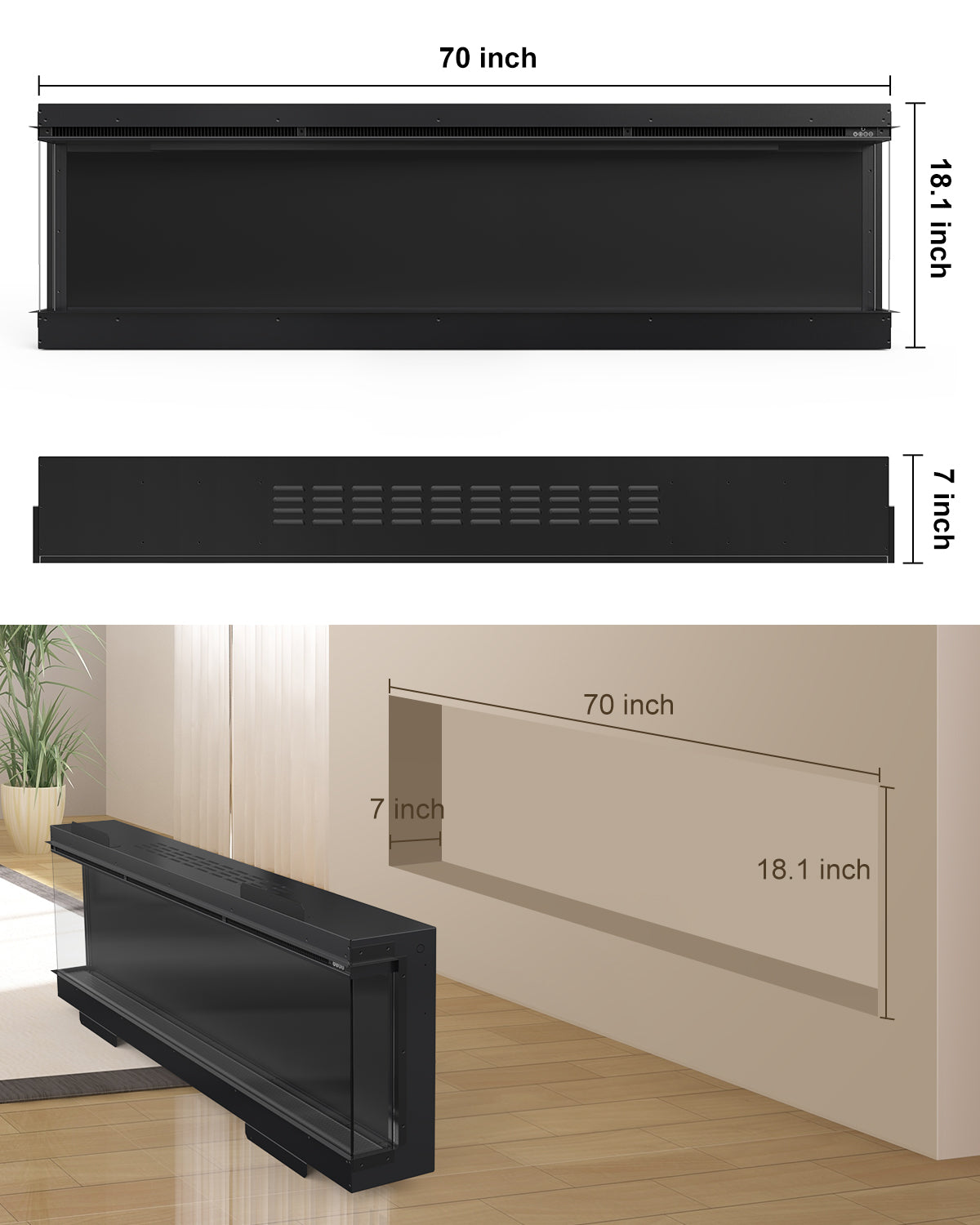 3 Sided Electric Fireplace Inserts, 70" Smart in Wall Recessed Fireplace Heater 1500/750W with APP & Remote Control, 251RGB LED Flame Colors, Timer, Log Set & Crystal