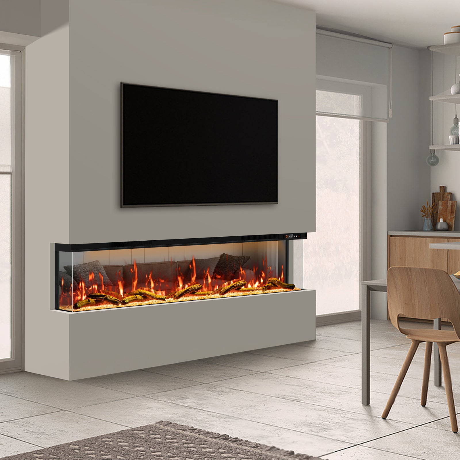100" 3 Sided 3D Mirrored Electric Fireplace with Touchscreen, APP & Remote Control, Smart Built-in Linear Fire Places Insert 1500W Heater, Multi-Color Combinations,Cracking Sound, Timer