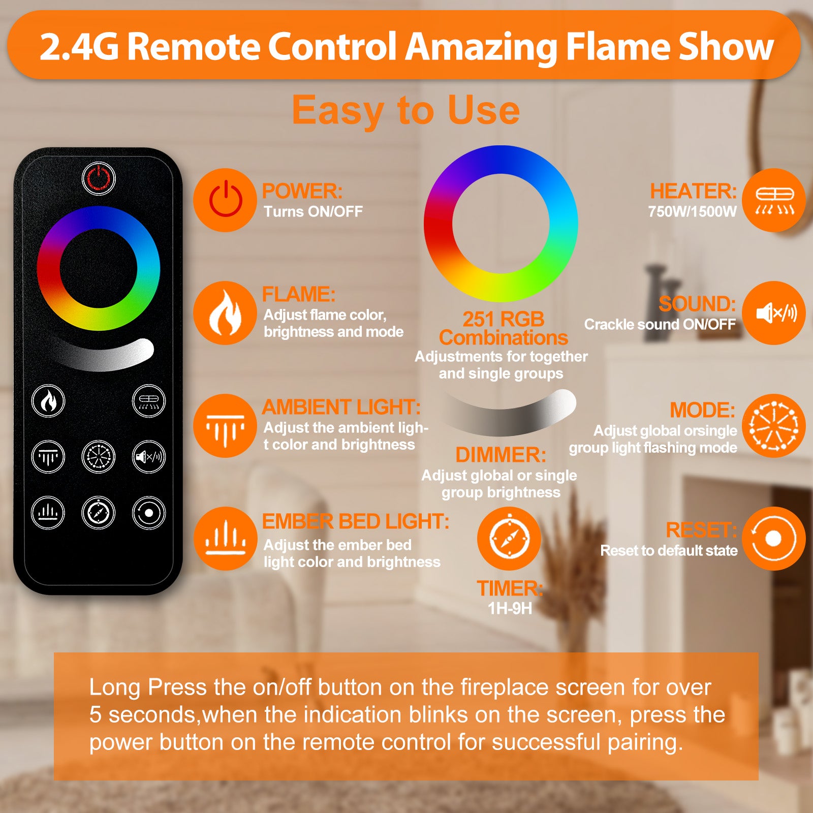 2.4G & WIFI Smart Remote Controller for HML&HMA Series Electric Fireplace(coin cell battery included)