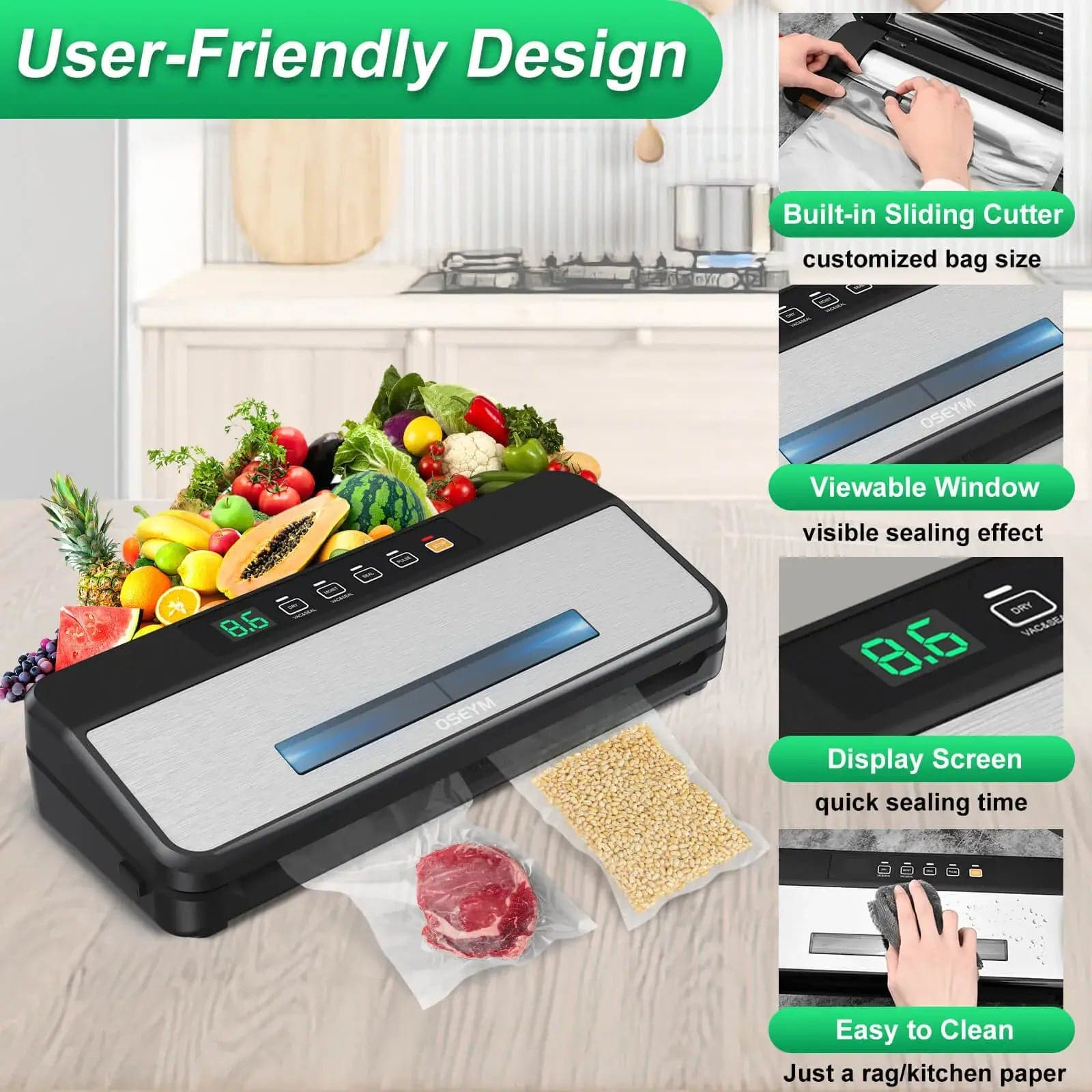 Food Vacuum Sealer Machine with 2 Rolls Food Vacuum Sealer Bags ，Food  Storage Saver Dry & Moist Food Modes, Led Indicator Lights, Easy to Clean