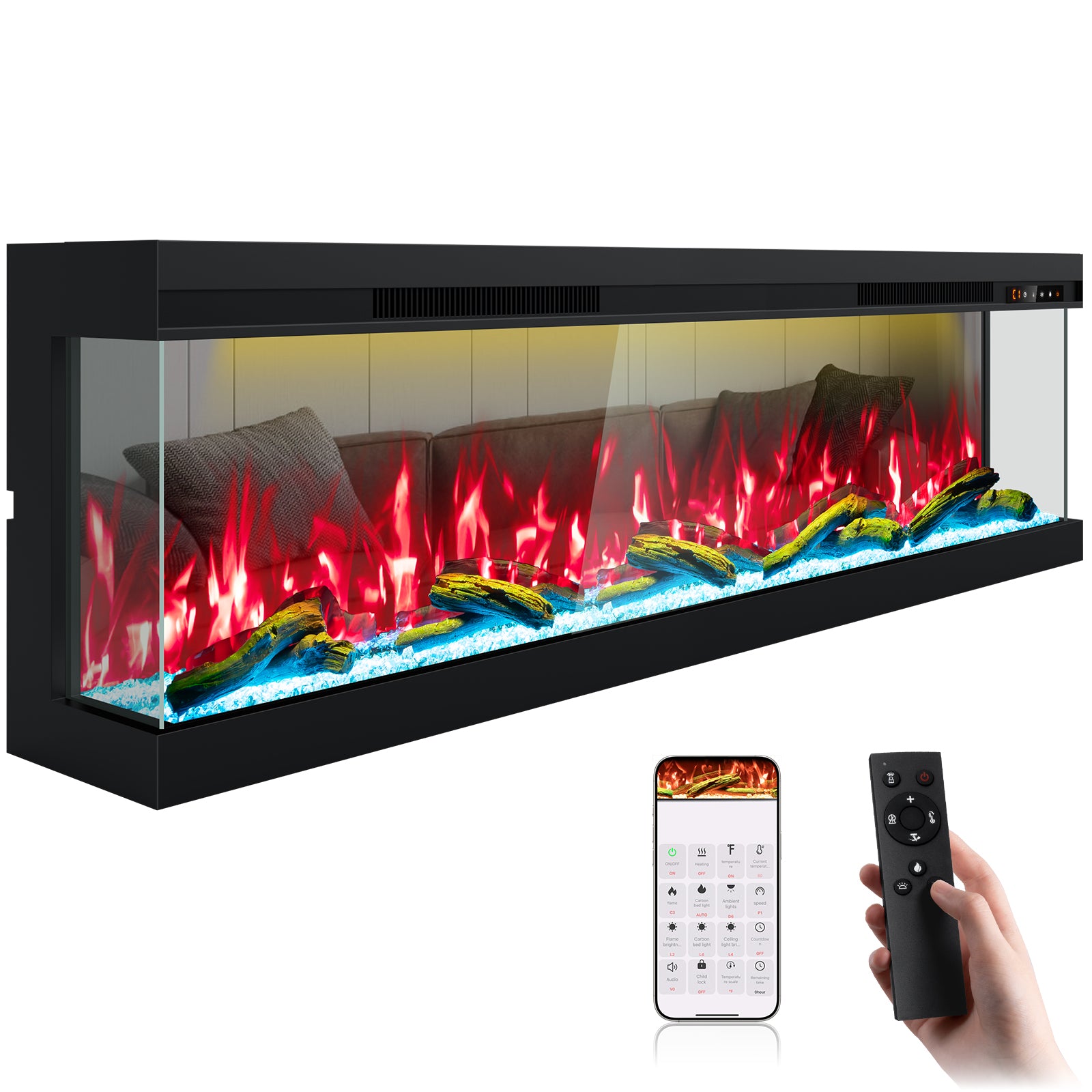 70" 3 Sided 3D Mirrored Electric Fireplace with Touchscreen, APP & Remote Control, Smart Built-in Linear Fire Places Insert 1500W Heater, Multi-Color Combinations,Cracking Sound, Timer