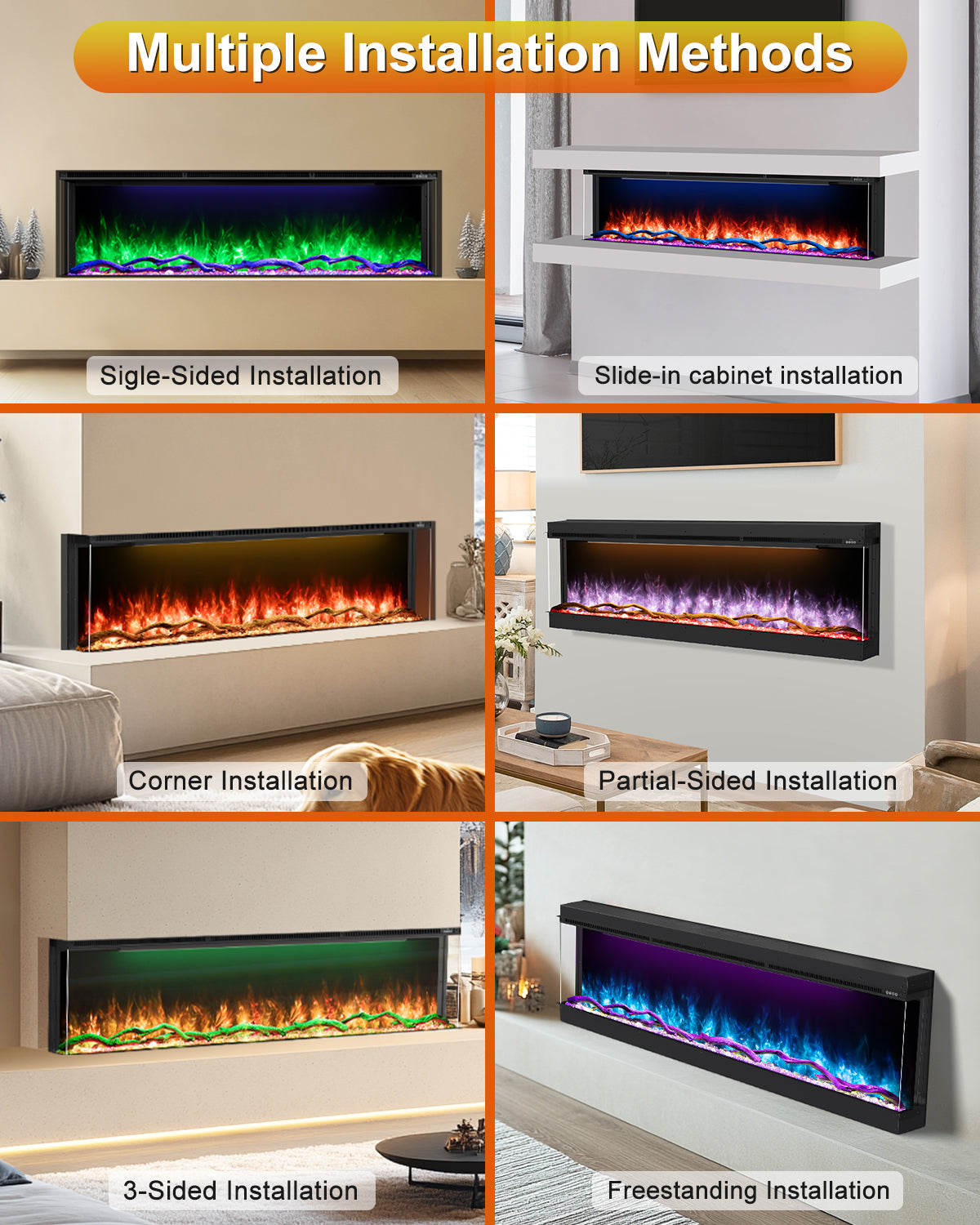3 Sided Electric Fireplace Inserts, 50" Smart in Wall Recessed Fireplace Heater 1500/750W with APP & Remote Control, 251RGB LED Flame Colors, Timer, Log Set & Crystal