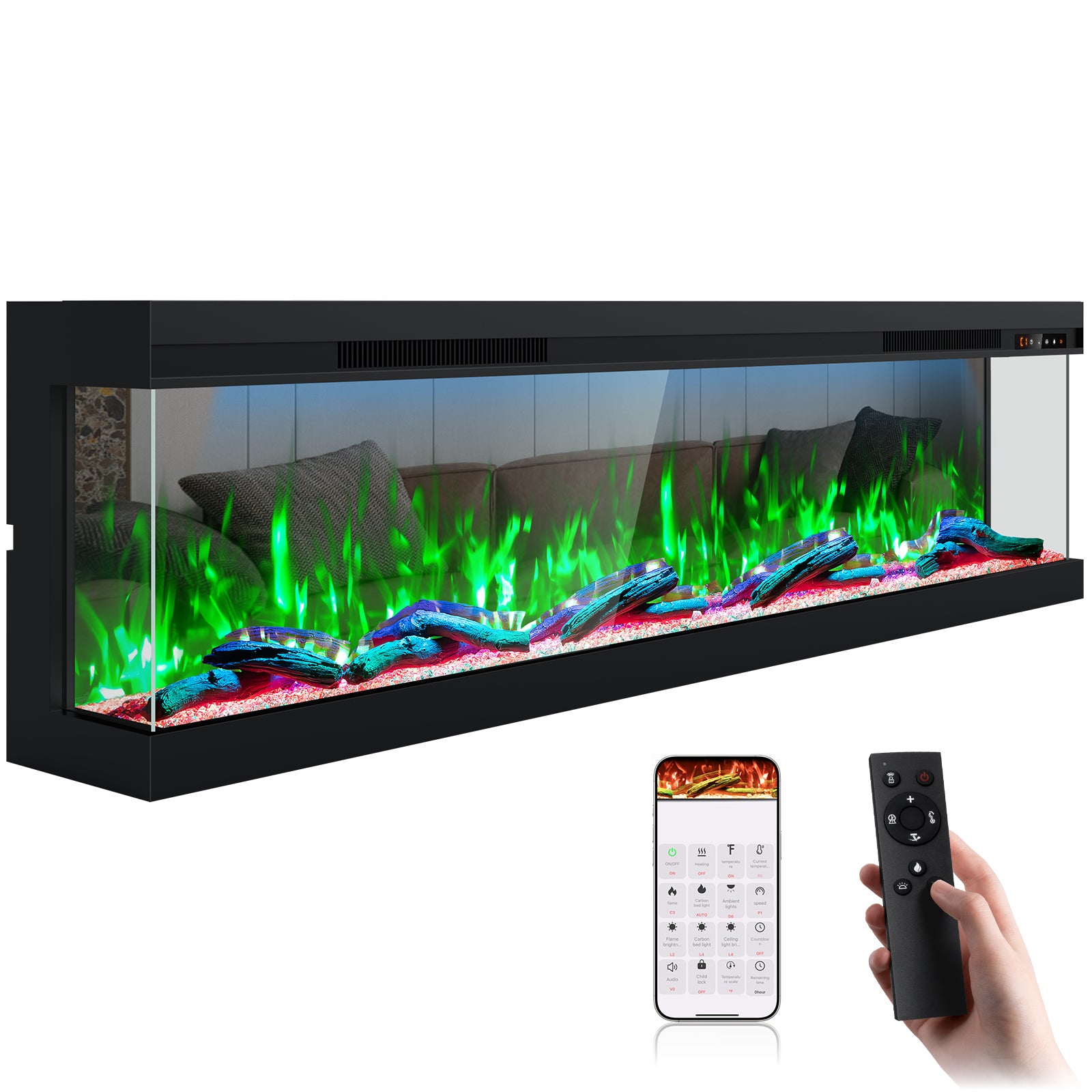 70" 3 Sided 3D Mirrored Electric Fireplace with Touchscreen, APP & Remote Control, Smart Built-in Linear Fire Places Insert 1500W Heater, Multi-Color Combinations,Cracking Sound, Timer