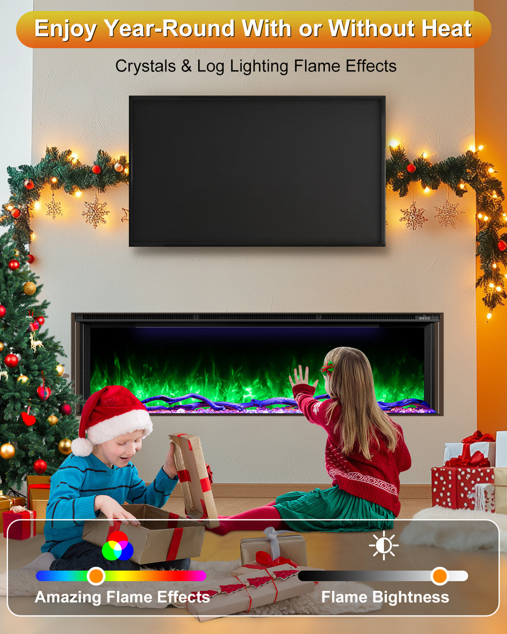 3 Sided Electric Fireplace Inserts, 50" Smart in Wall Recessed Fireplace Heater 1500/750W with APP & Remote Control, 251RGB LED Flame Colors, Timer, Log Set & Crystal