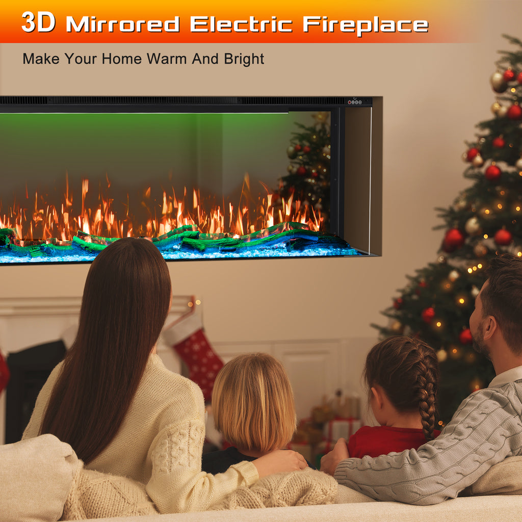 3 Sided Mirrored Electric Fireplace, 70" Smart Wall Recessed Fireplace Insert Linear Fire Places Heater with APP & Remote Control, 1500/750W, Timer, 251RGB Color Combinations, Crystal & Log