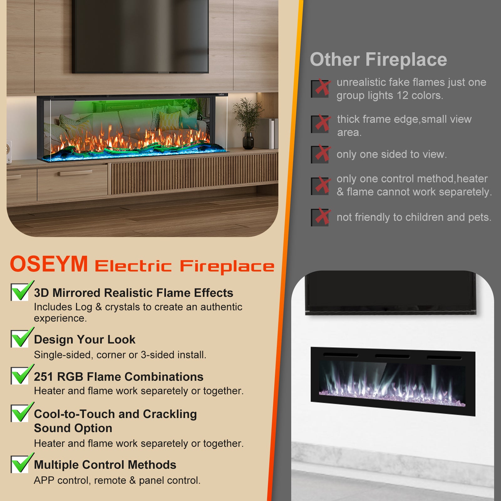 3 Sided Mirrored Electric Fireplace, 50" Smart Wall Recessed Fireplace Insert Linear Fire Places Heater with APP & Remote Control, 1500/750W, Timer, 251RGB Color Combinations, Crystal & Log