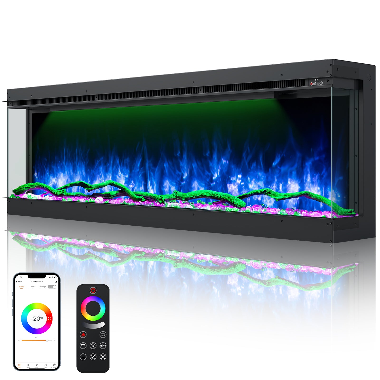 3 Sided Electric Fireplace Inserts, 50" Smart in Wall Recessed Fireplace Heater 1500/750W with APP & Remote Control, 251RGB LED Flame Colors, Timer, Log Set & Crystal