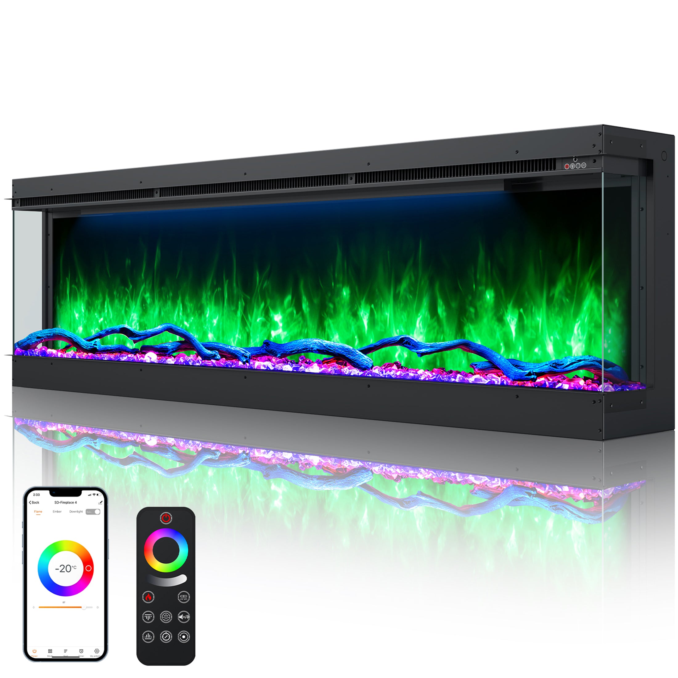 3 Sided Electric Fireplace Inserts, 60" Smart in Wall Recessed Fireplace Heater 1500/750W with APP & Remote Control, 251RGB LED Flame Colors, Timer, Log Set & Crystal
