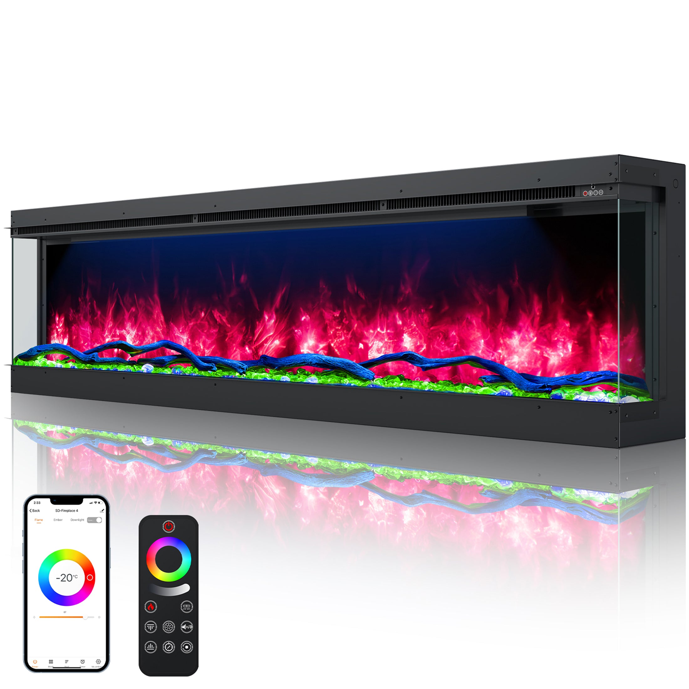 3 Sided Electric Fireplace Inserts, 70" Smart in Wall Recessed Fireplace Heater 1500/750W with APP & Remote Control, 251RGB LED Flame Colors, Timer, Log Set & Crystal