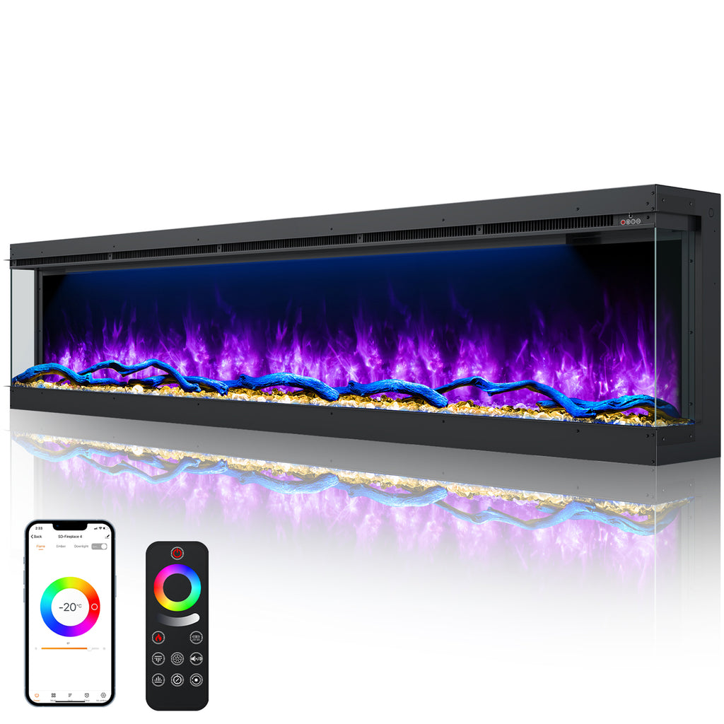 3 Sided Electric Fireplace Inserts, 80" Smart in Wall Recessed Fireplace Heater 1500/750W with APP & Remote Control, 251RGB LED Flame Colors, Timer, Log Set & Crystal