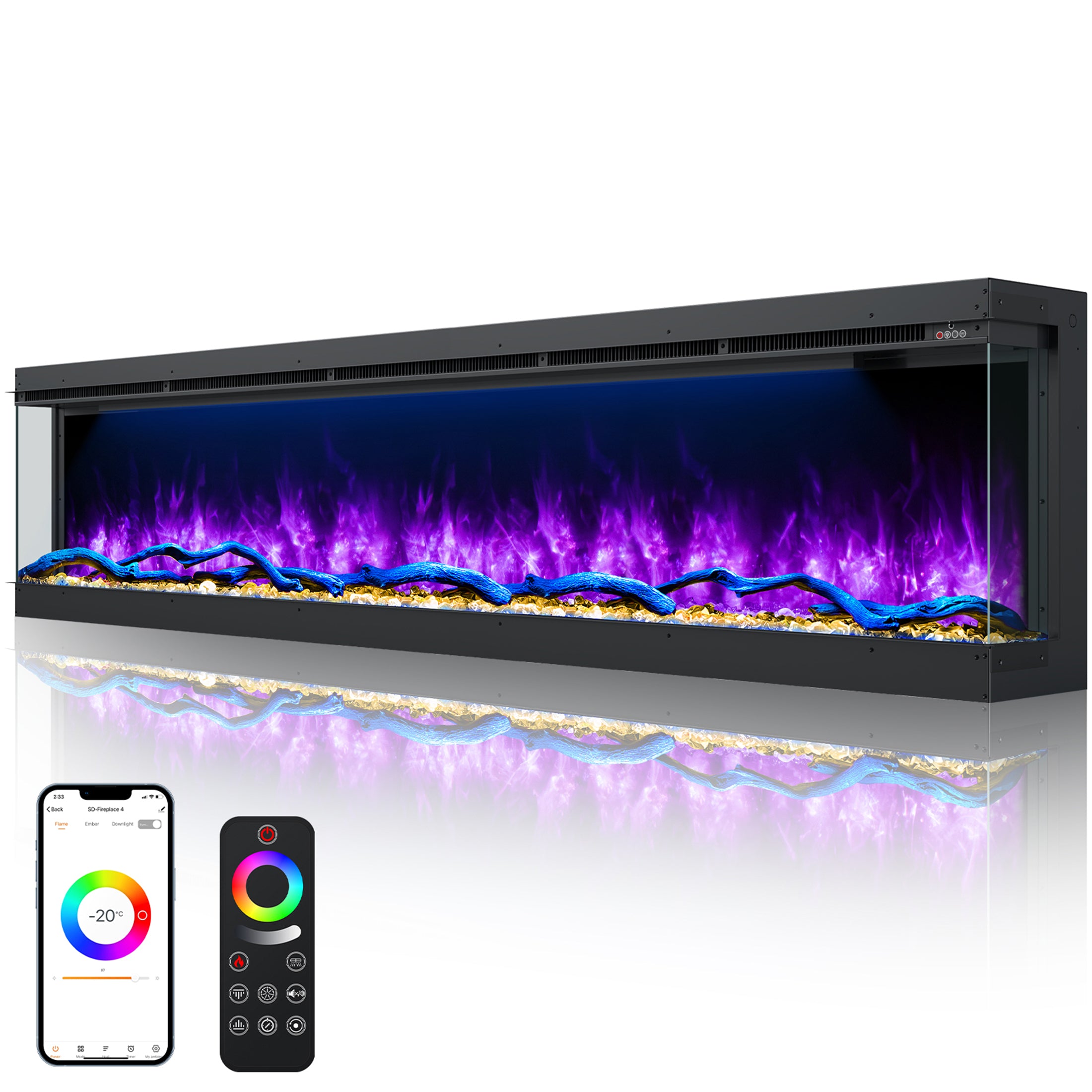 3 Sided Electric Fireplace Inserts, 80" Smart in Wall Recessed Fireplace Heater 1500/750W with APP & Remote Control, 251RGB LED Flame Colors, Timer, Log Set & Crystal