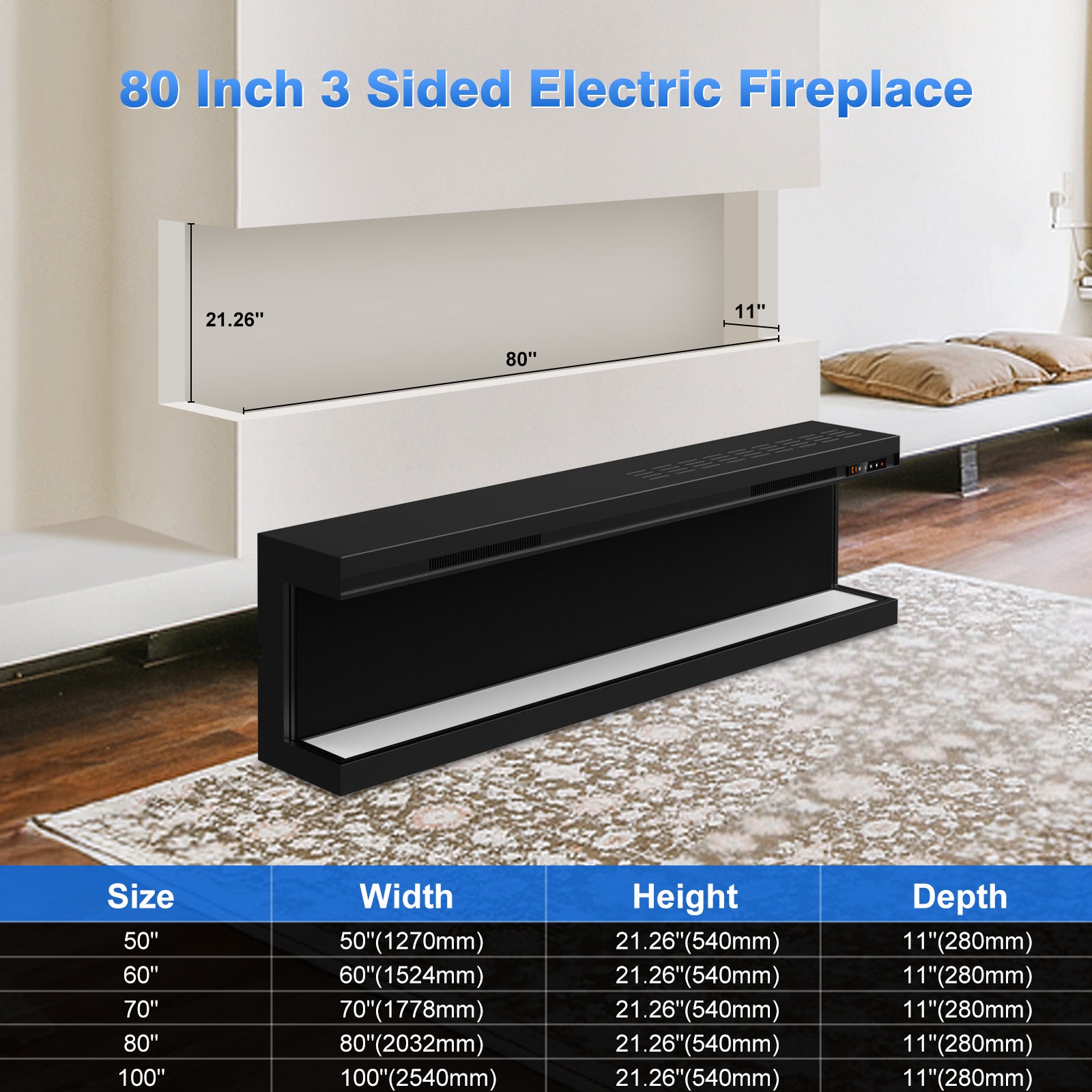 80" 3 Sided 3D Mirrored Electric Fireplace with Touchscreen, APP & Remote Control, Smart Built-in Linear Fire Places Insert 1500W Heater, Multi-Color Combinations,Cracking Sound, Timer